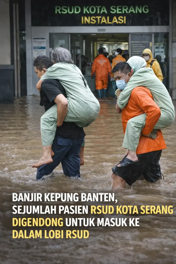 Banjir Kepung Banten, Sejumlah Pasien RSUD Kota Serang Digendong Untuk Masuk ke Dalam Lobi RSUD