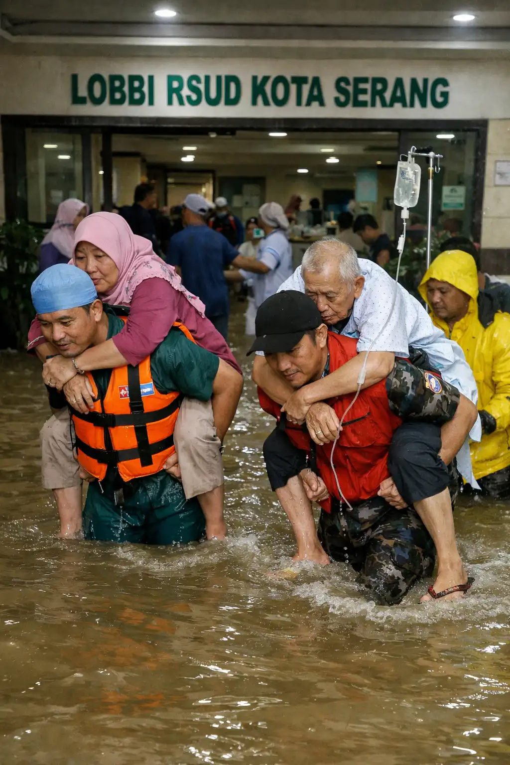 Read more about the article Banjir Kepung Banten, Sejumlah Pasien RSUD Kota Serang Digendong Untuk Masuk ke Dalam Lobi RSUD